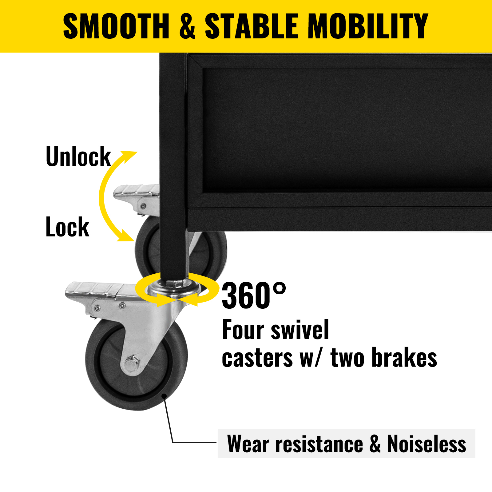 smooth mobility with 360° swivel casters; VEVOR book cart with lockable brakes.