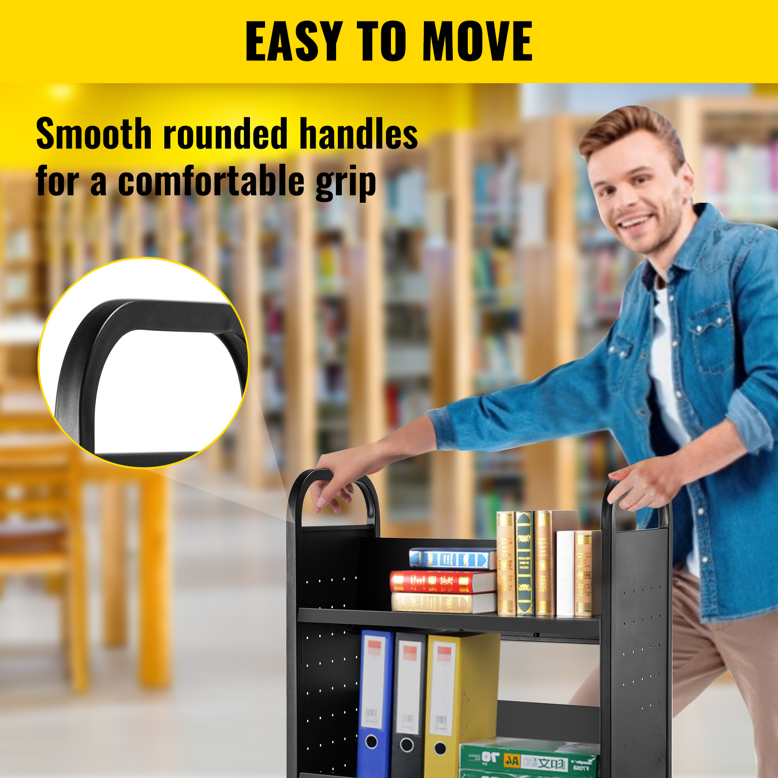 VEVOR book cart with smooth rounded handles, easy to move, in a library setting.