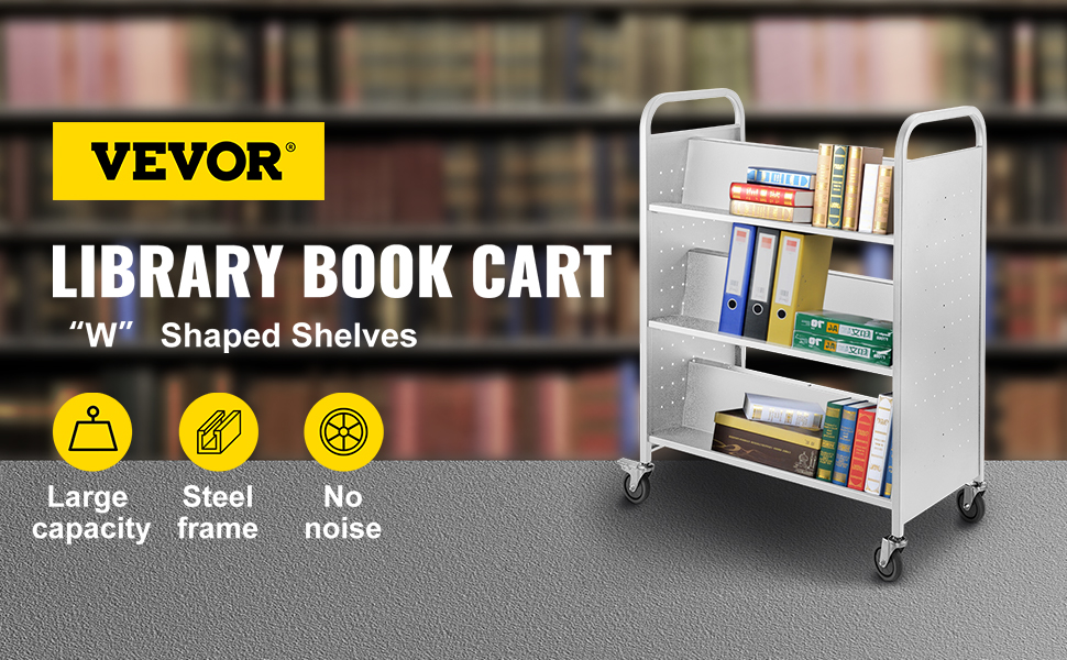 VEVOR book cart with w-shaped shelves, steel frame, and large capacity in library.