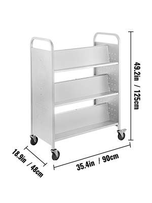 VEVOR book cart with three shelves and caster wheels, 49.2in x 35.4in x 18.9in.