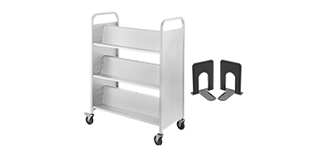 rolling VEVOR book cart with three shelves and two black bookends.