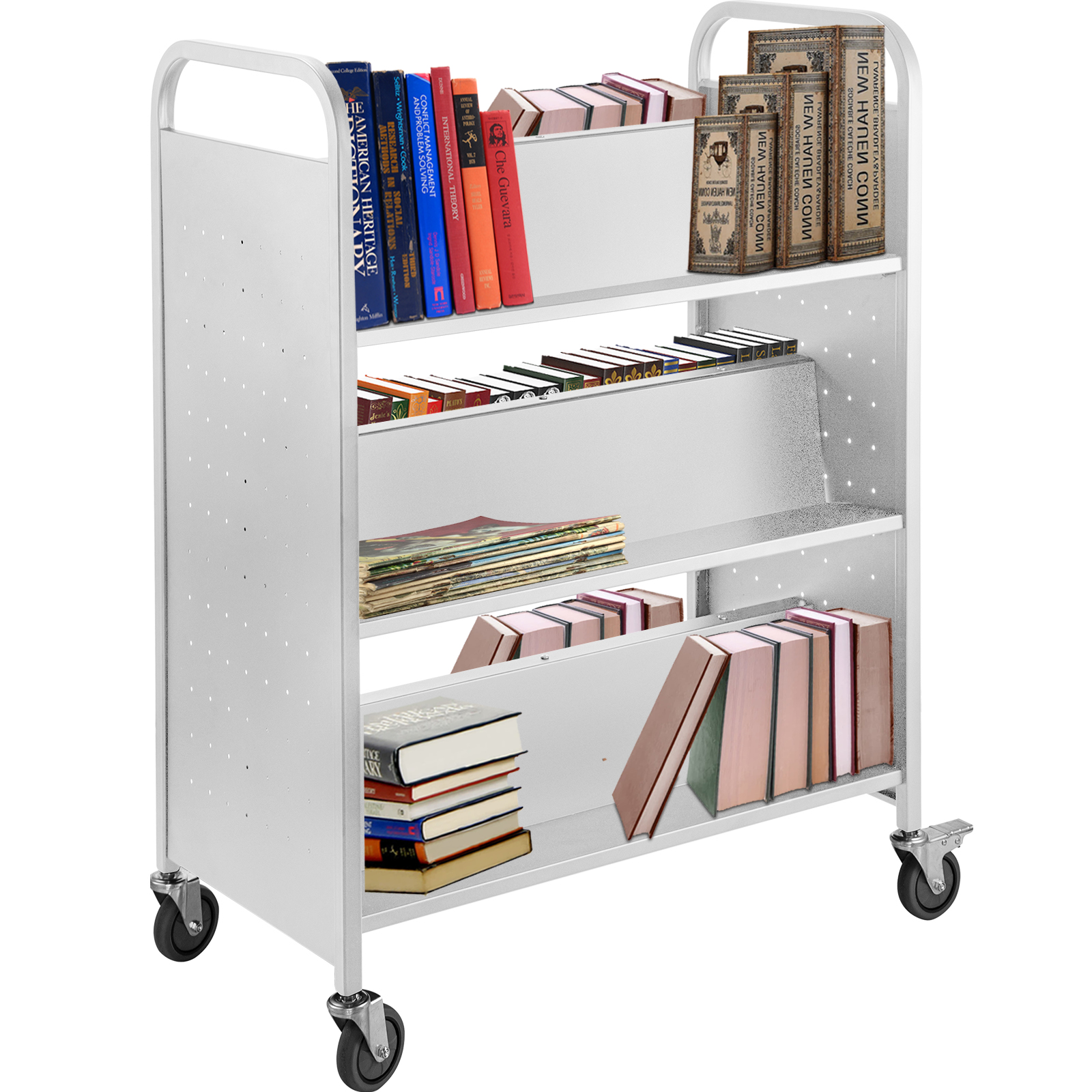 VEVOR book cart with three shelves holding assorted books and magazines on wheels.