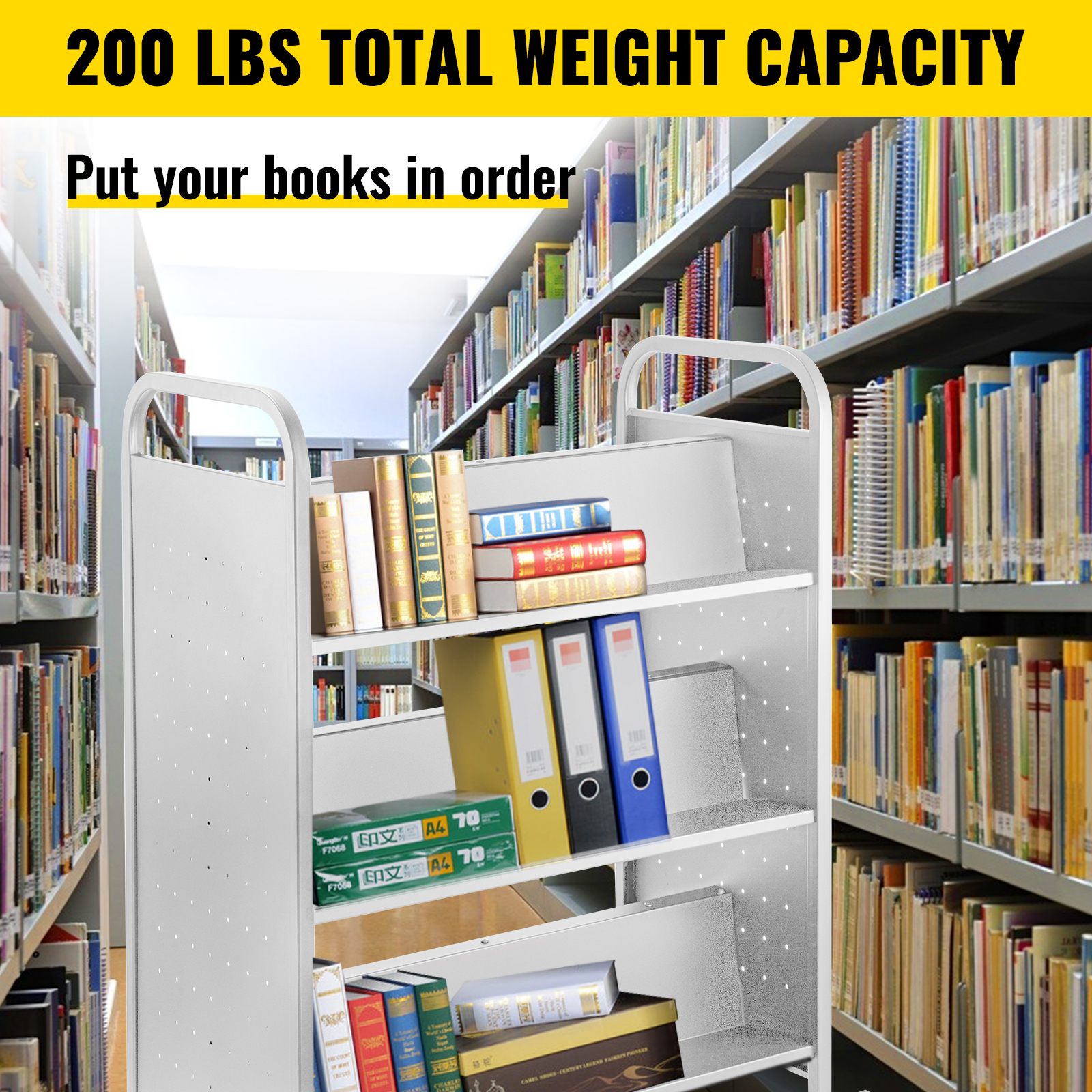 VEVOR book cart in a library aisle with books and folders, 200 lbs weight capacity.
