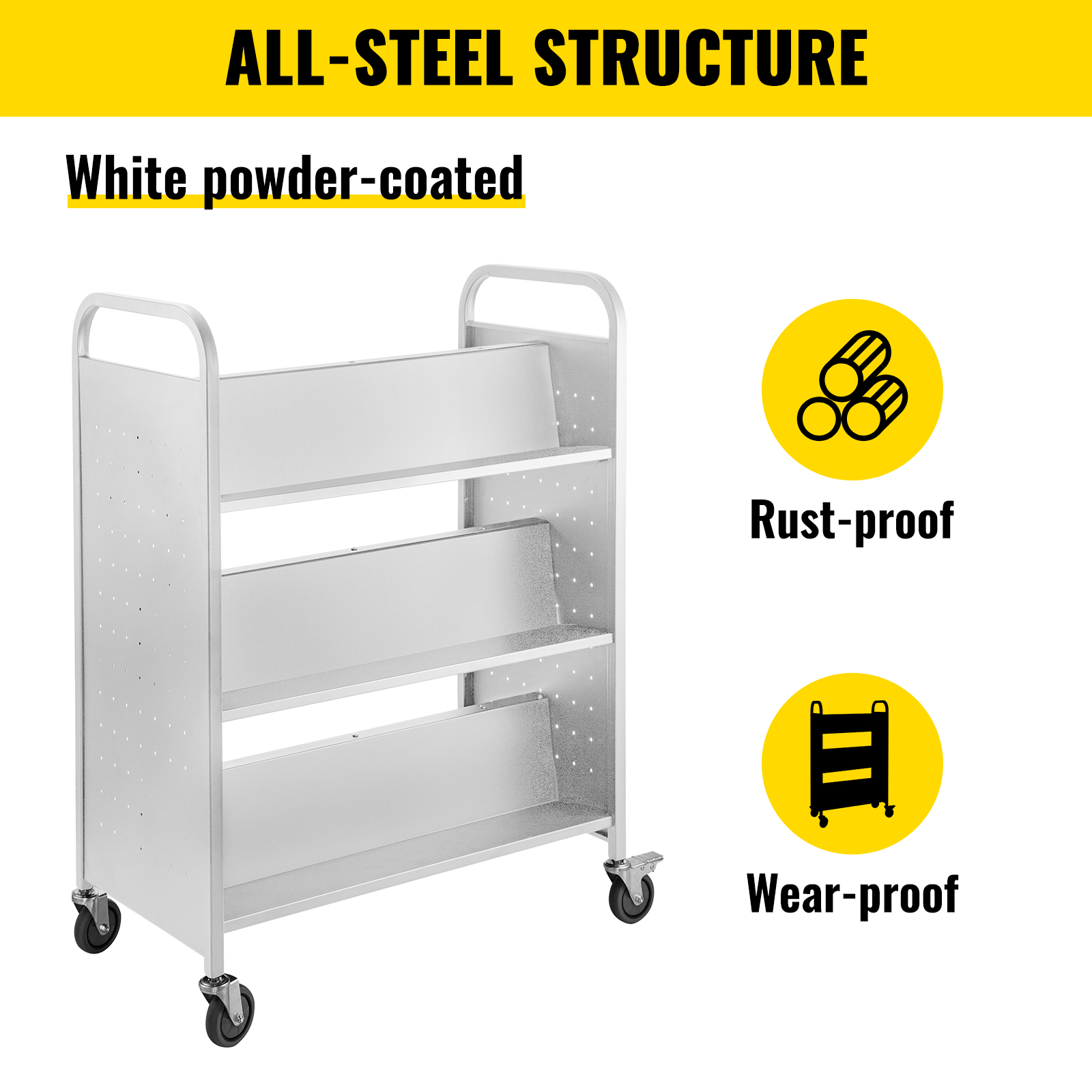 VEVOR book cart, all-steel, white powder-coated, rust-proof, wear-proof design.