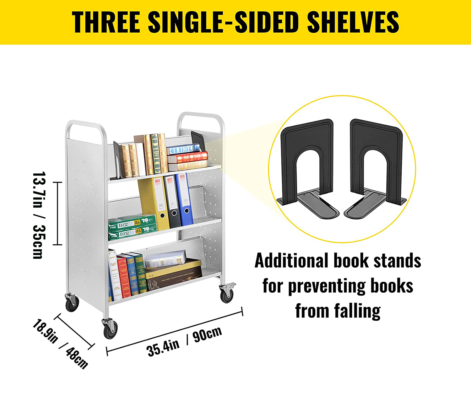 VEVOR book cart with three single-sided shelves and additional book stands.