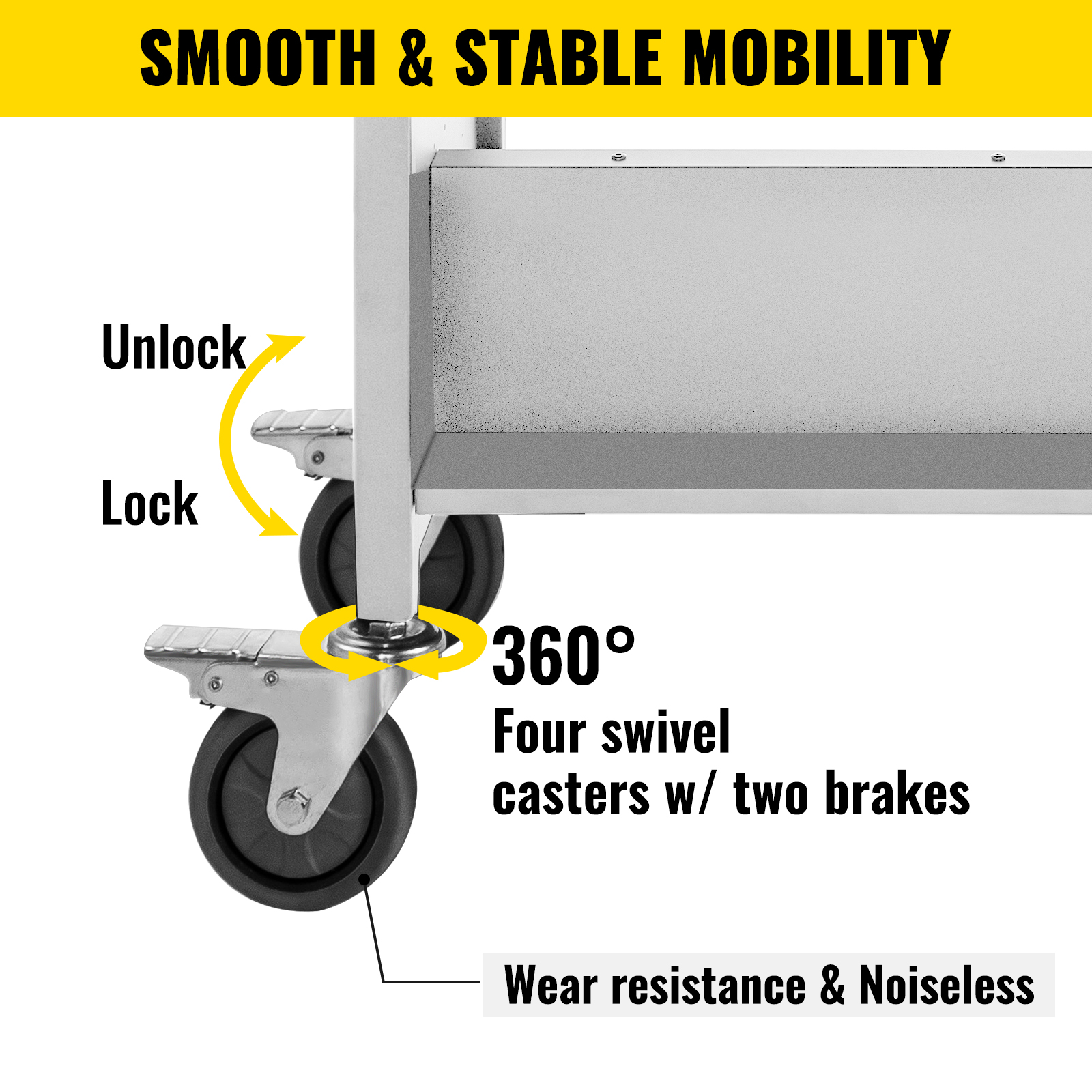 VEVOR book cart with 360° swivel casters, two brakes, and wear-resistant wheels.
