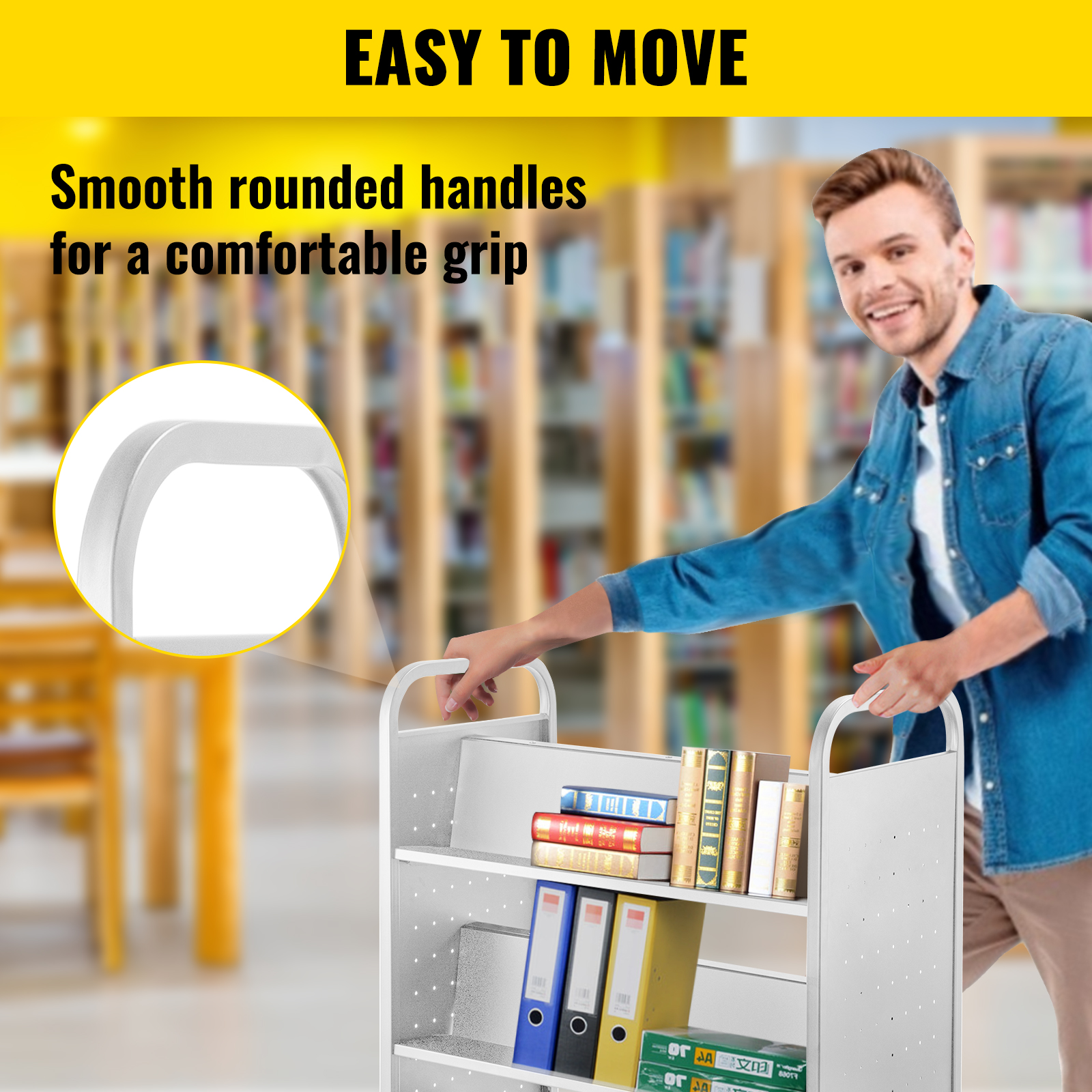 VEVOR book cart with smooth rounded handles and shelves filled with books in a library.