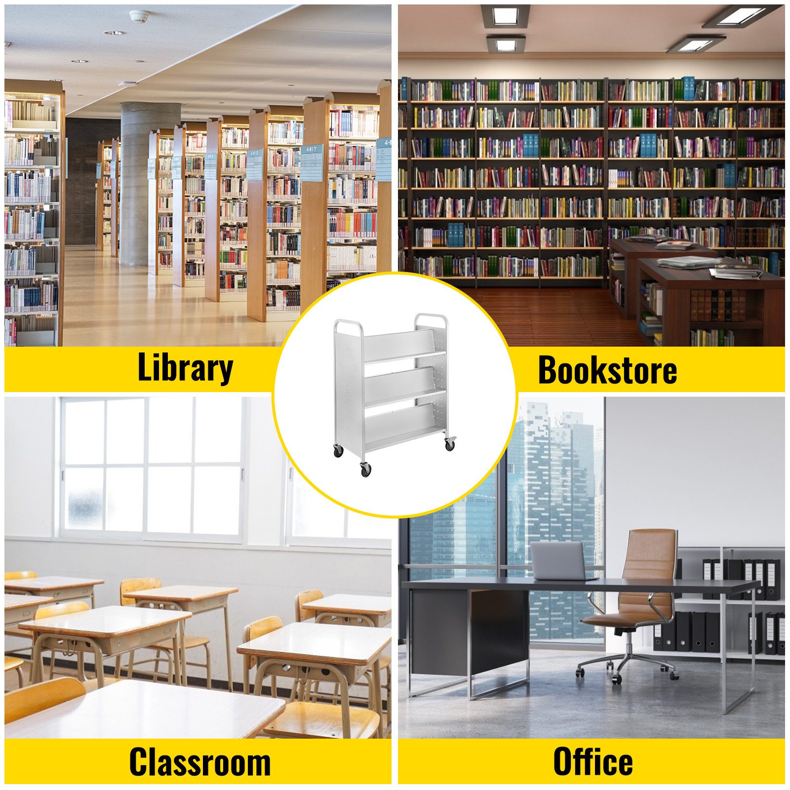 VEVOR book cart for library, bookstore, classroom, and office settings.