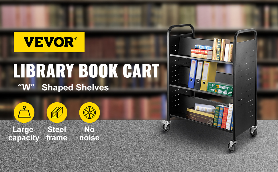 VEVOR book cart with large capacity and steel frame, featuring "w" shaped shelves.