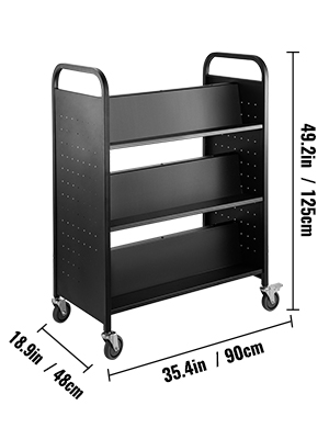 black VEVOR book cart with three shelves and casters, dimensions 49.2in/125cm tall.