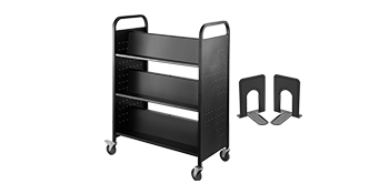 black VEVOR book cart with three shelves on wheels, includes two bookends.