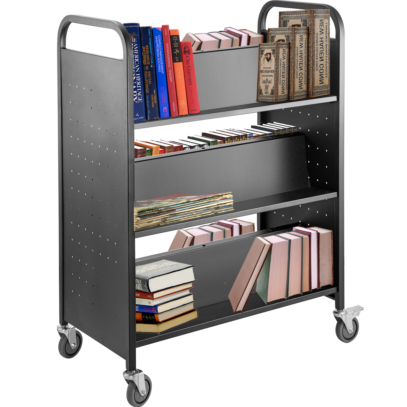metal VEVOR book cart on wheels, filled with books on three shelves.