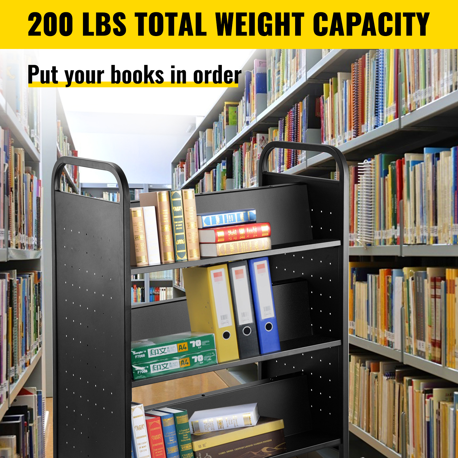 VEVOR book cart in a library, holding books, binders, with a 200 lb weight capacity.