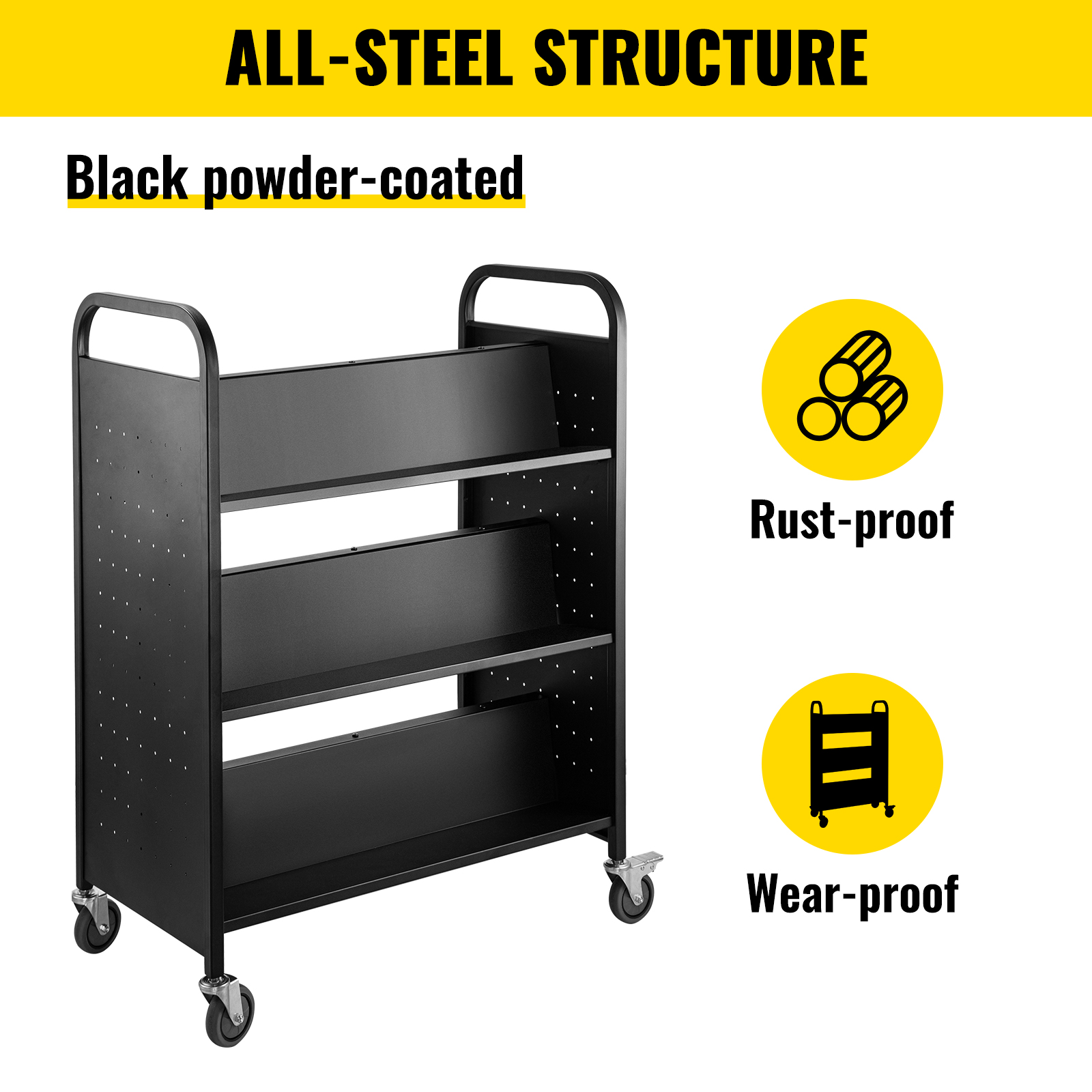 VEVOR book cart with all-steel structure, black powder-coated, rust-proof, wear-proof.