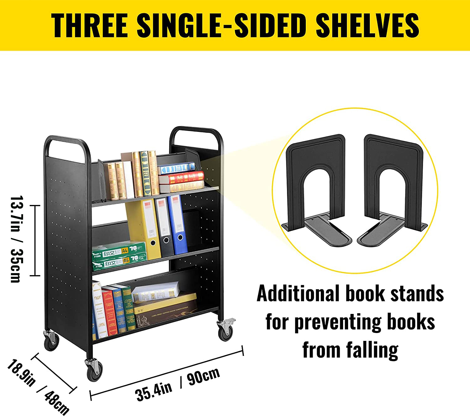 VEVOR book cart with three single-sided shelves, book stands, and measurements displayed.