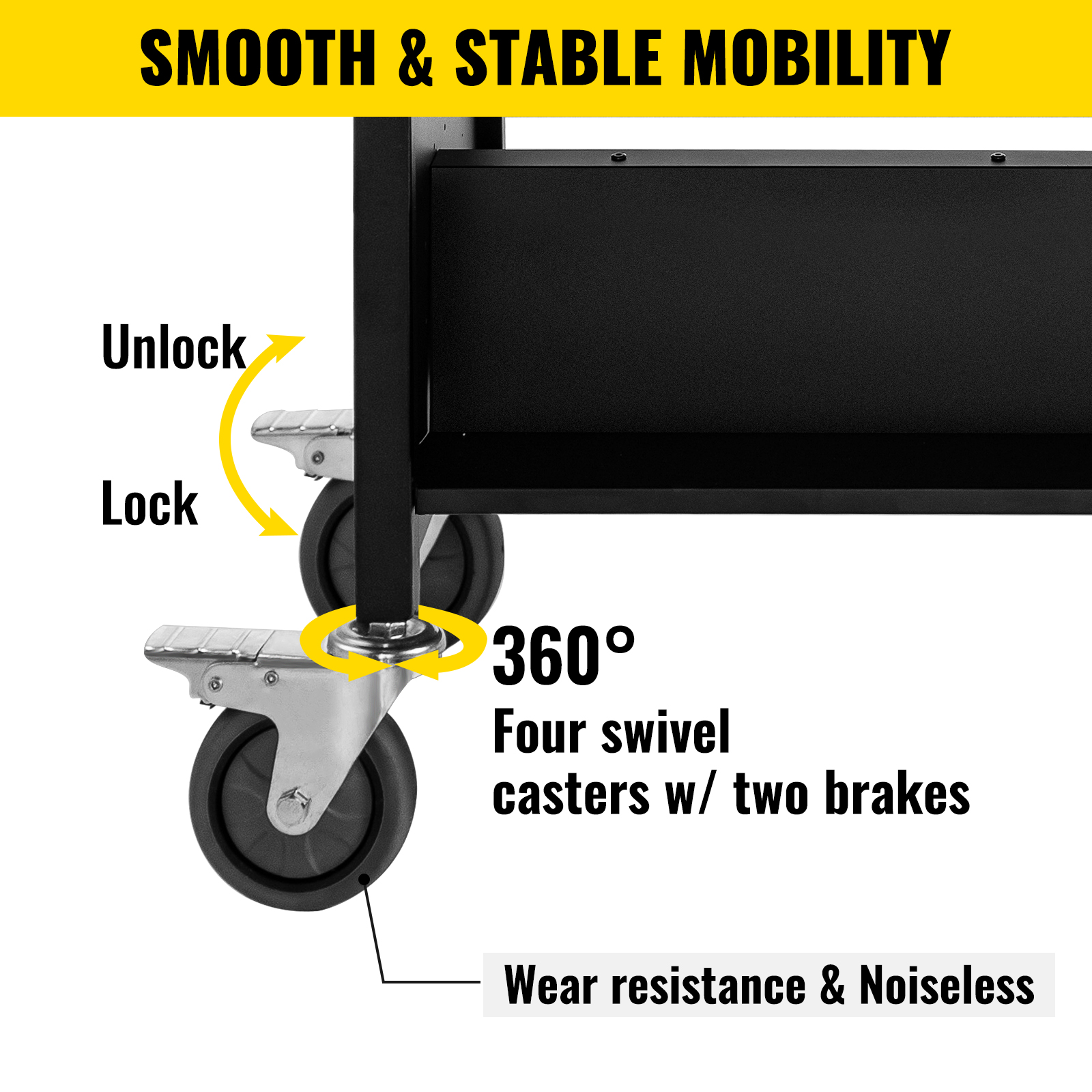 VEVOR book cart with 360° swivel casters, unlock-lock feature, and smooth mobility.