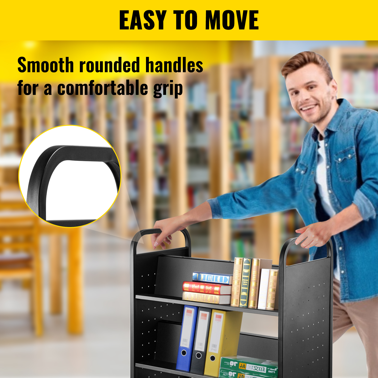 VEVOR book cart with smooth rounded handles for easy movement in a library setting.