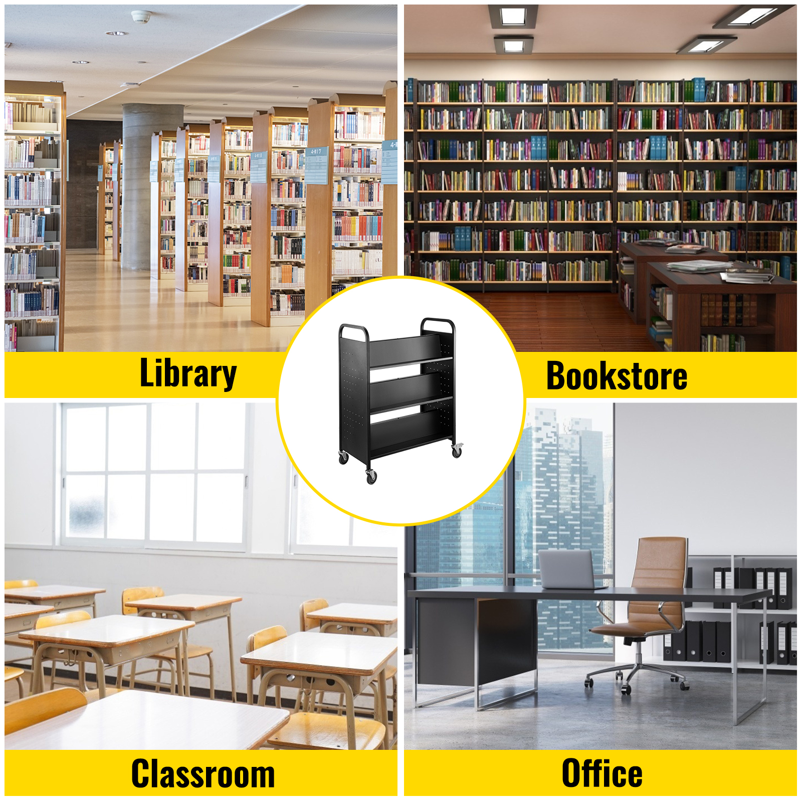 VEVOR book cart in library, bookstore, classroom, and office settings.
