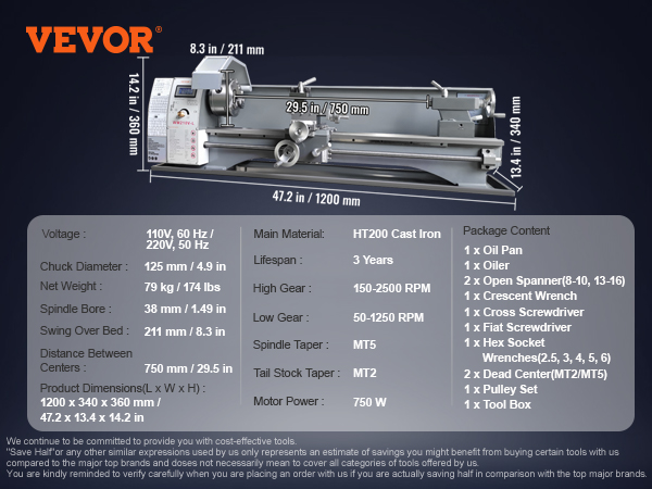 VEVOR metal lathe with ht200 cast iron, 750w motor, rpm ranges 150-2500, and 29.5 in between centers.
