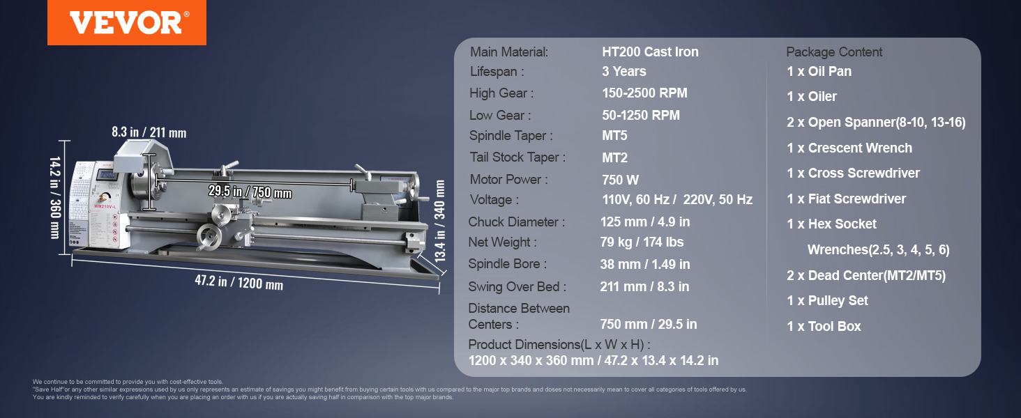 VEVOR metal lathe with ht200 cast iron, 750w motor, rpm ranges 150-2500, and 29.5 in between centers.