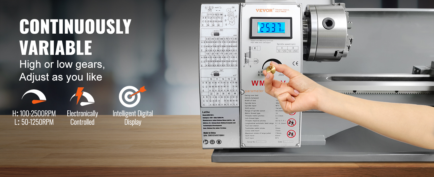 VEVOR metalo tekinimo stakles su reguliuojamu greičiu, skaitmeninis ekranas, valdomas elektroniniu būdu parametrai.