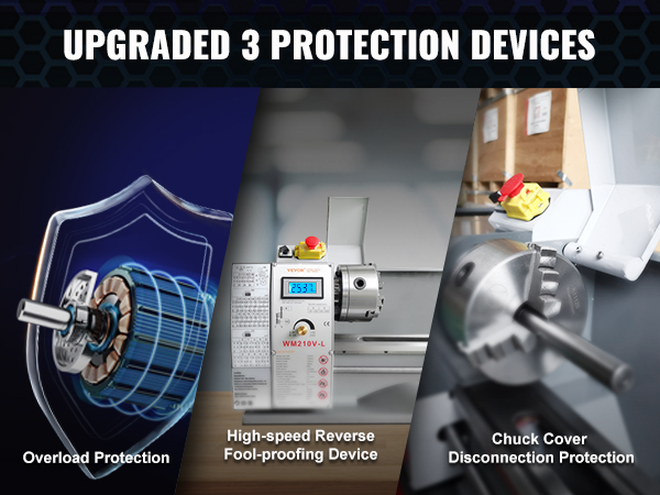 modernizuotos 3 apsaugos įtaisai VEVOR metalo tekinimo staklės: apsauga nuo perkrovos, didelis greitis atgal, chuck dangtelio apsauga.