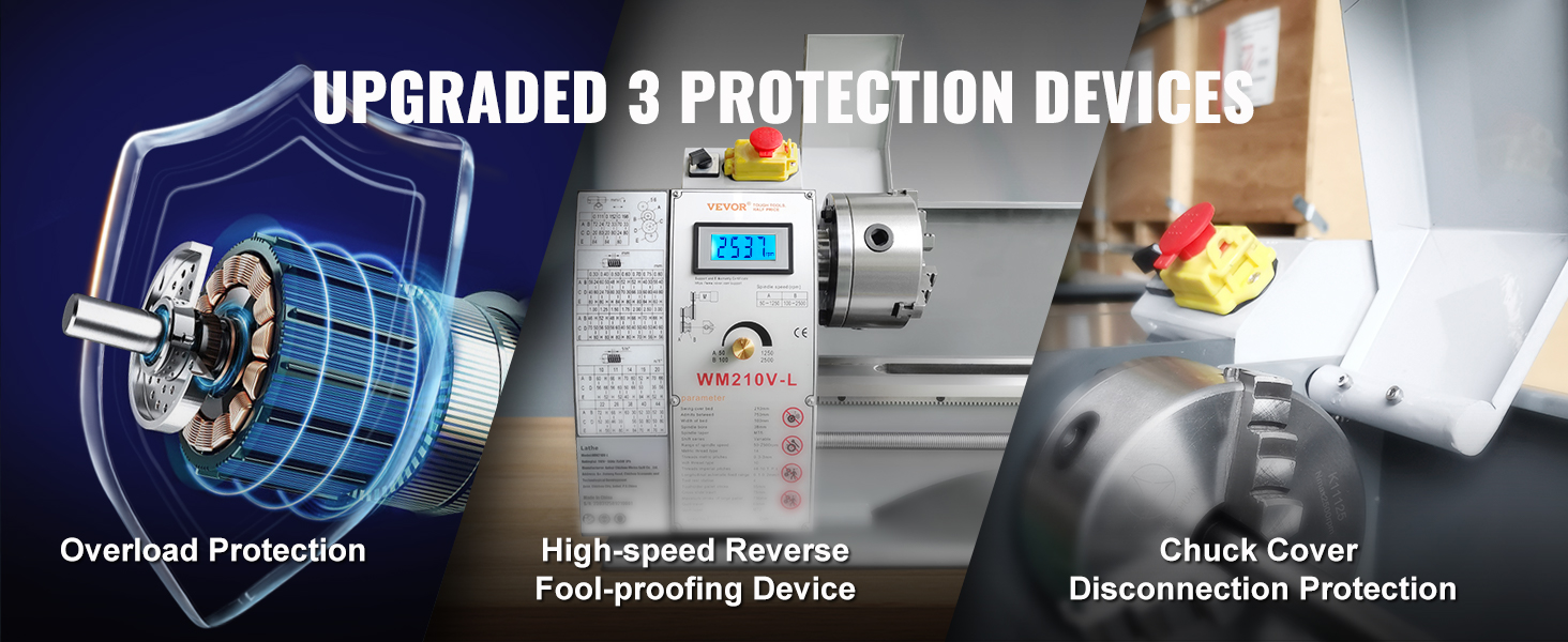 modernizuotos 3 apsaugos įtaisai VEVOR metalo tekinimo staklės: apsauga nuo perkrovos, didelis greitis atgal, chuck dangtelio apsauga.