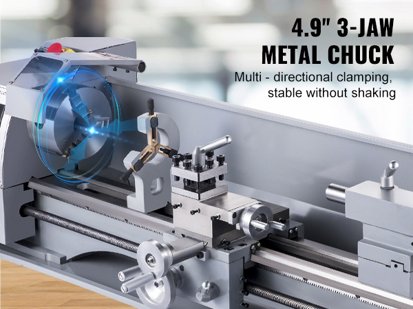4.9" 3-žandikaulio metalo chuck dėl VEVOR metalo tekinimo, pabrėžiant multi-directional tvirtinimo.