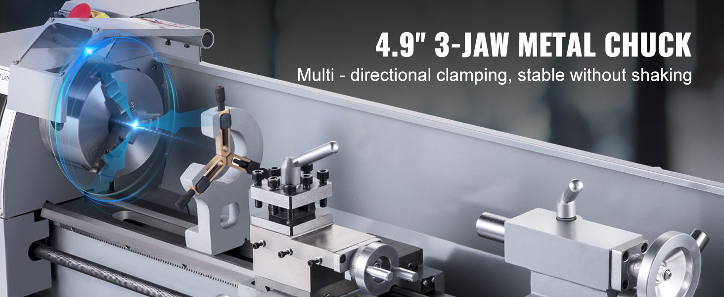 4.9" 3-žandikaulio metalo chuck dėl VEVOR metalo tekinimo, pabrėžiant multi-directional tvirtinimo.