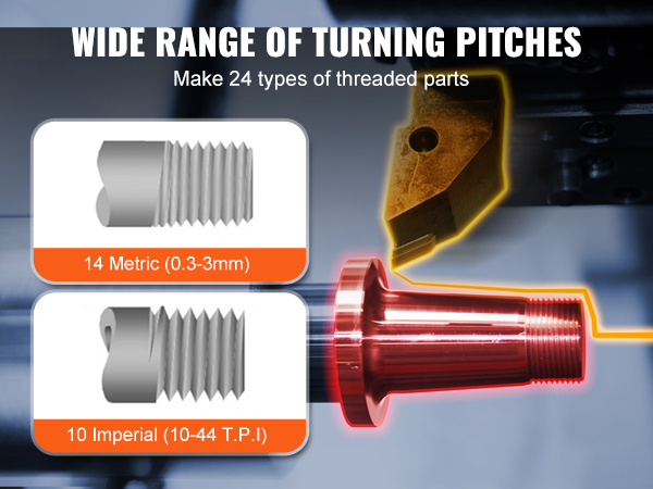 platus tekinimo aikštę už VEVOR metalo tekinimo, sukurti 24 tipų sriegiais dalys, metriniai ir imperiniai.