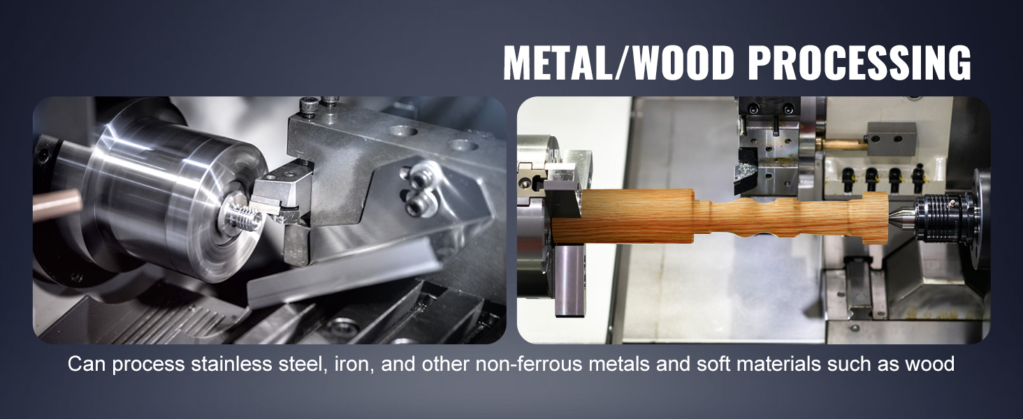 VEVOR metalo tekinimo staklės apdirbimo, metalų, medienos, atskleis nerūdijančio plieno ir medžio ruošinius.