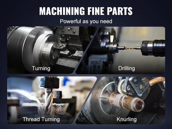 mechaninio apdirbimo smulkių dalių, kurių VEVOR metalo tekinimo pademonstruotų tekinimo, gręžimo, siūlai tekinimo, ir knurling.