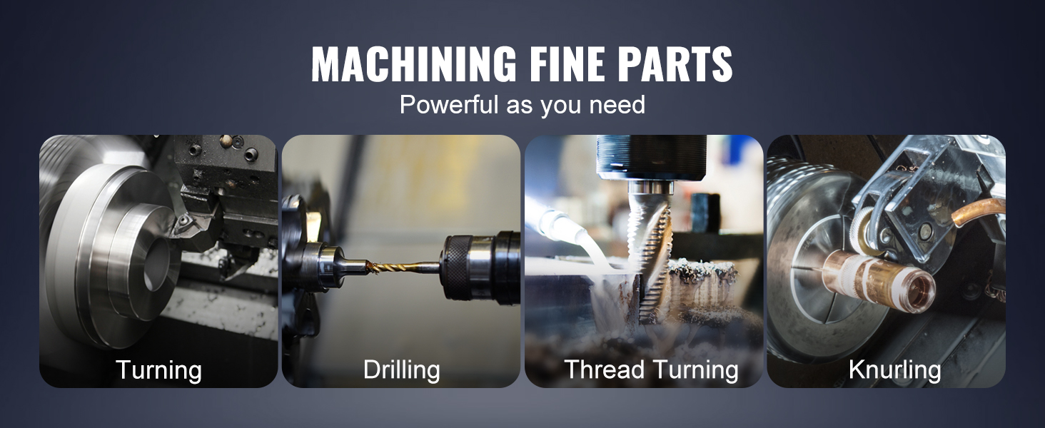 mechaninio apdirbimo smulkių dalių, kurių VEVOR metalo tekinimo pademonstruotų tekinimo, gręžimo, siūlai tekinimo, ir knurling.
