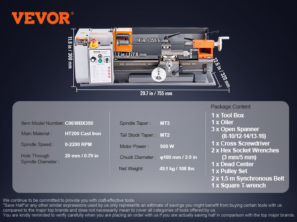 VEVOR metal lathe machine specifications and dimensions displayed with package content list.