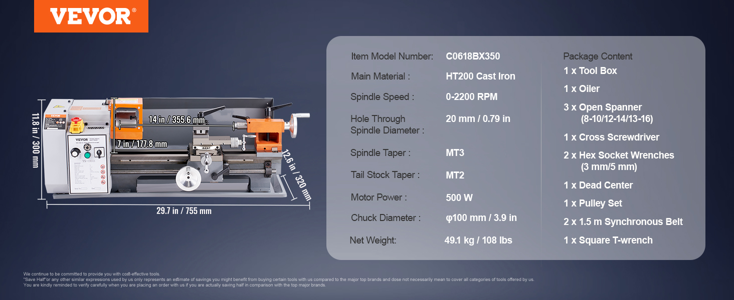 VEVOR metal lathe machine specifications and dimensions displayed with package content list.