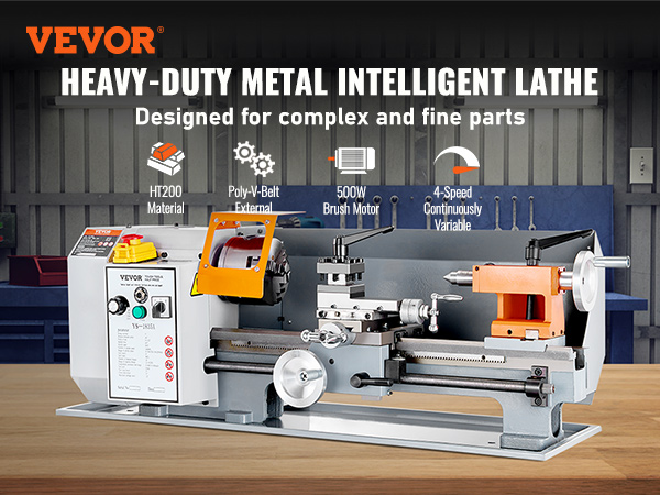 VEVOR metal lathe machine for precise parts, ht200 material, 500w motor, 4-speed, poly-v-belt drive.