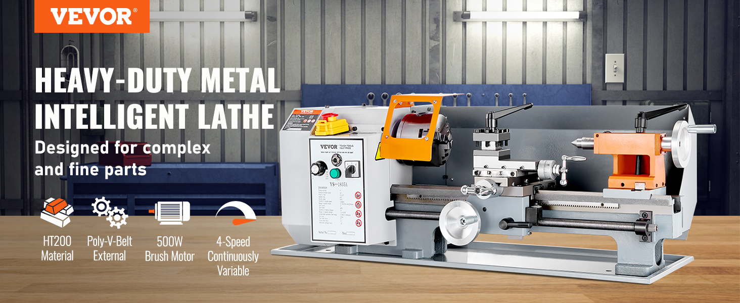 VEVOR metal lathe machine for precise parts, ht200 material, 500w motor, 4-speed, poly-v-belt drive.
