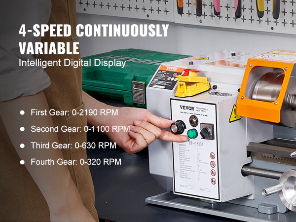 VEVOR metal lathe machine with 4-speed digital control, 0-2190 rpm, user adjusting settings.