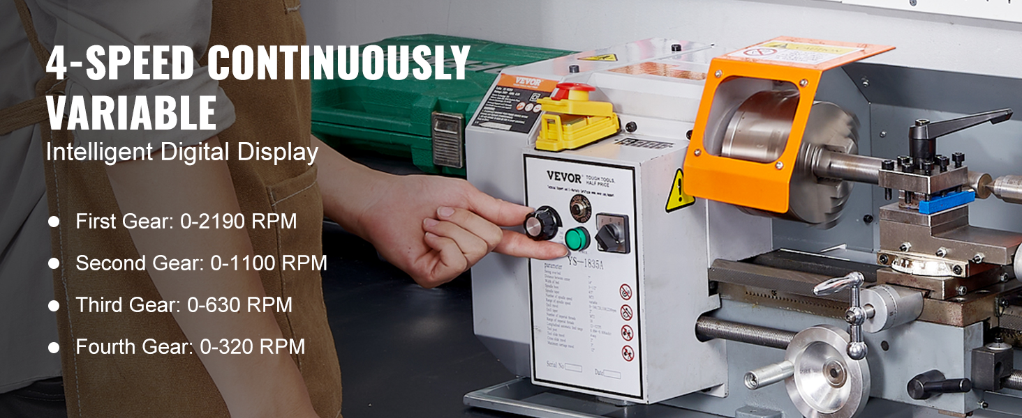 VEVOR metal lathe machine with 4-speed digital control, 0-2190 rpm, user adjusting settings.