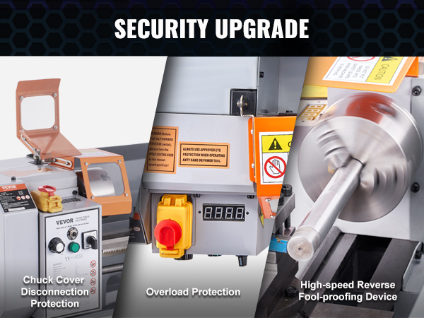 VEVOR metal lathe machine security upgrade with chuck cover, overload protection, and high-speed reverse.