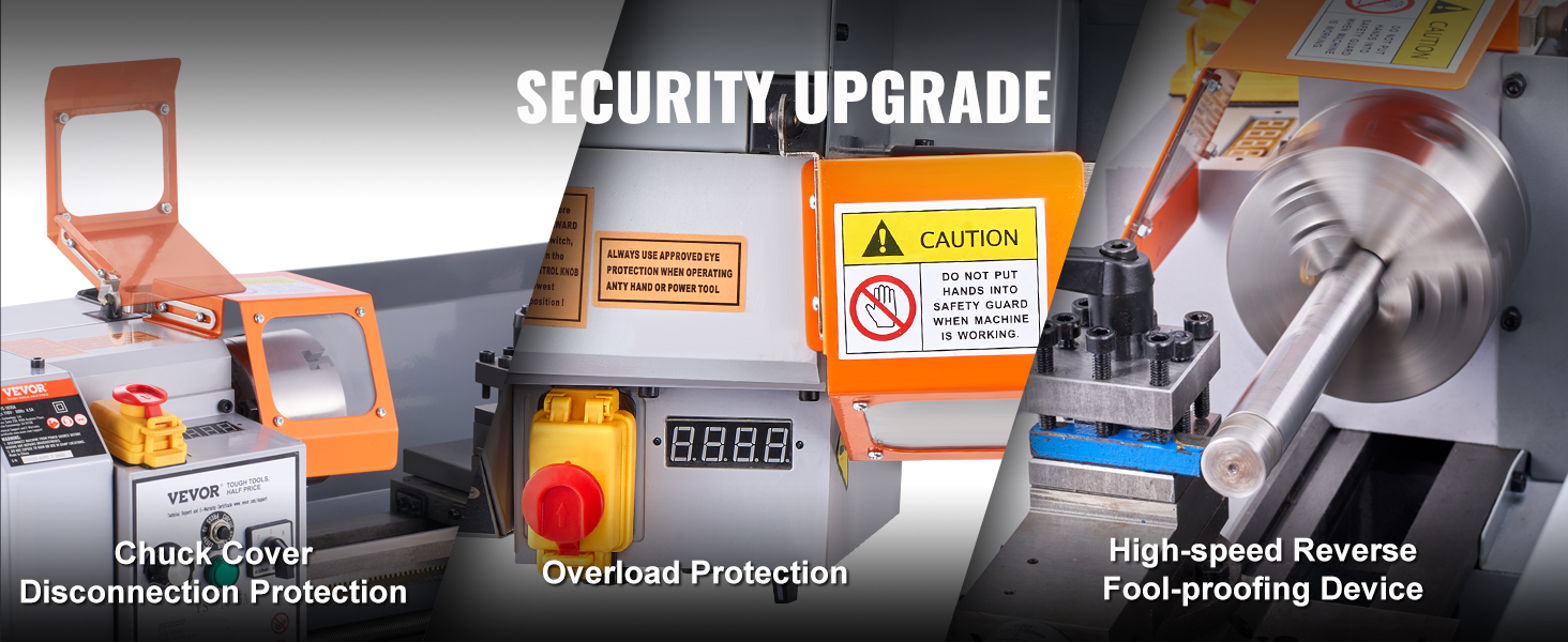 VEVOR metal lathe machine security upgrade with chuck cover, overload protection, and high-speed reverse.
