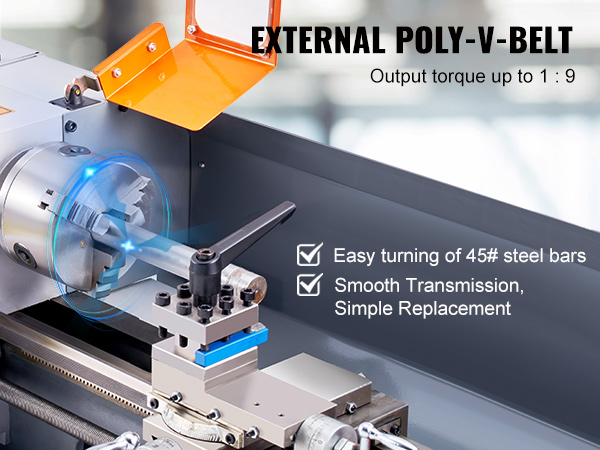 VEVOR metal lathe machine with external poly-v-belt, easy turning of 45# steel bars, digital display