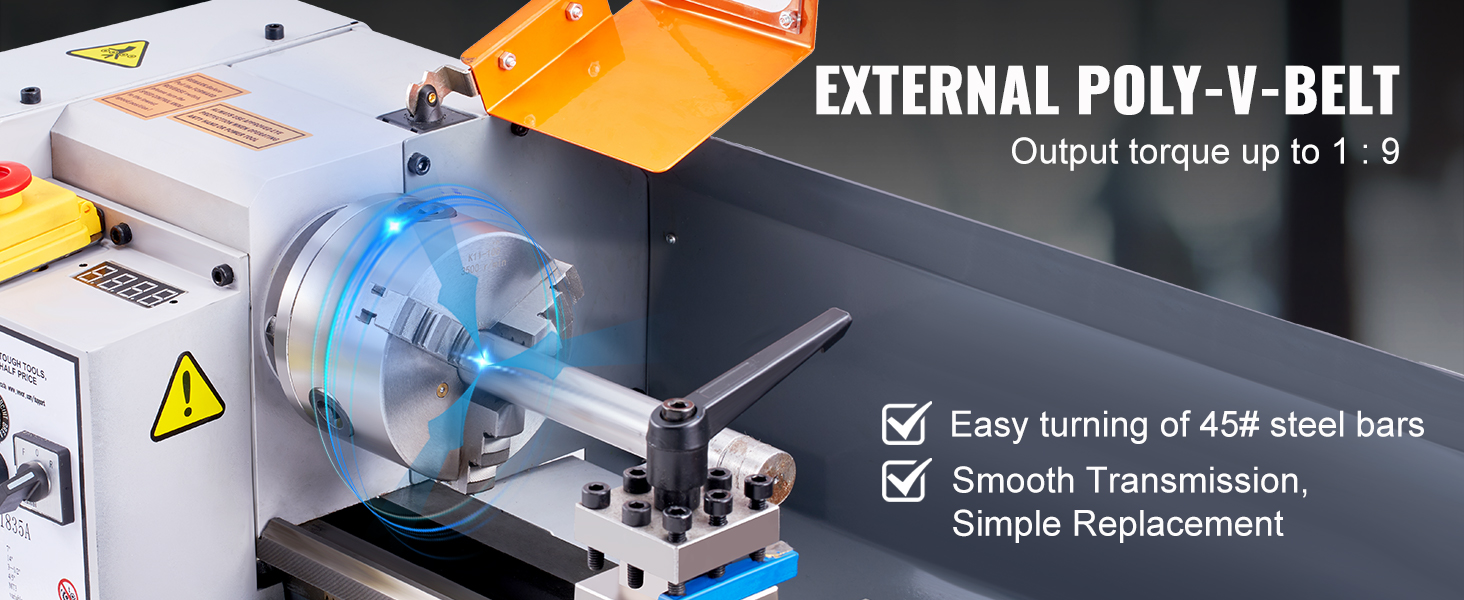 VEVOR metal lathe machine with external poly-v-belt, easy turning of 45# steel bars, digital display