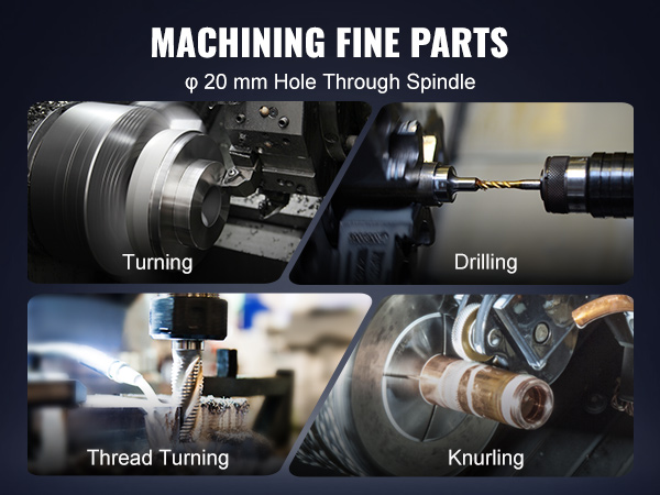 VEVOR metal lathe machine performing turning, drilling, thread turning, and knurling tasks.