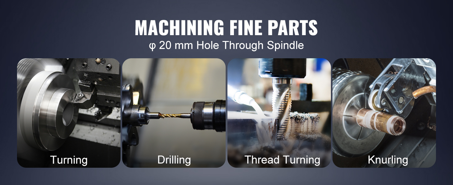 VEVOR metal lathe machine performing turning, drilling, thread turning, and knurling tasks.