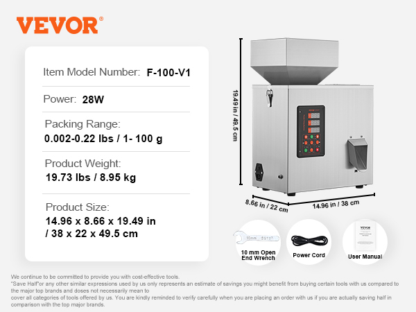 VEVOR powder filling machine, model f-100-v1 with dimensions, power cord, manual, and wrench.