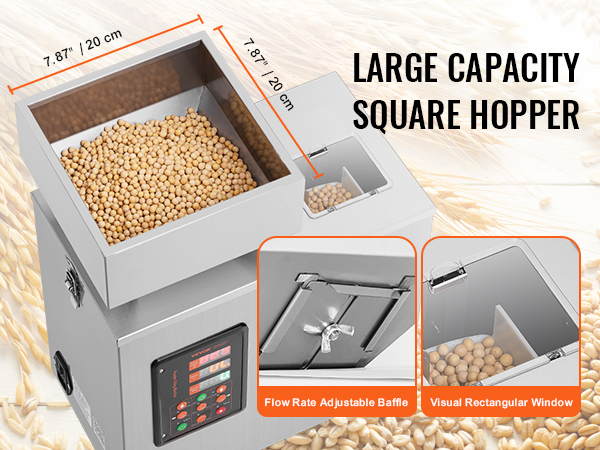 VEVOR powder filling machine with large square hopper, adjustable flow rate baffle, and visual window.