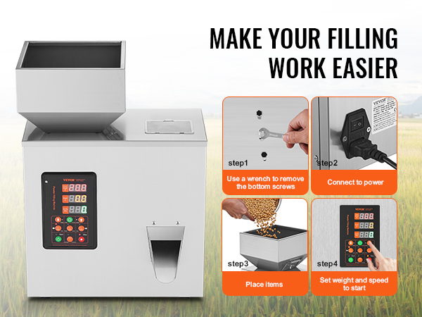 VEVOR powder filling machine with four easy setup steps: remove screws, plug in, place items, set weight.