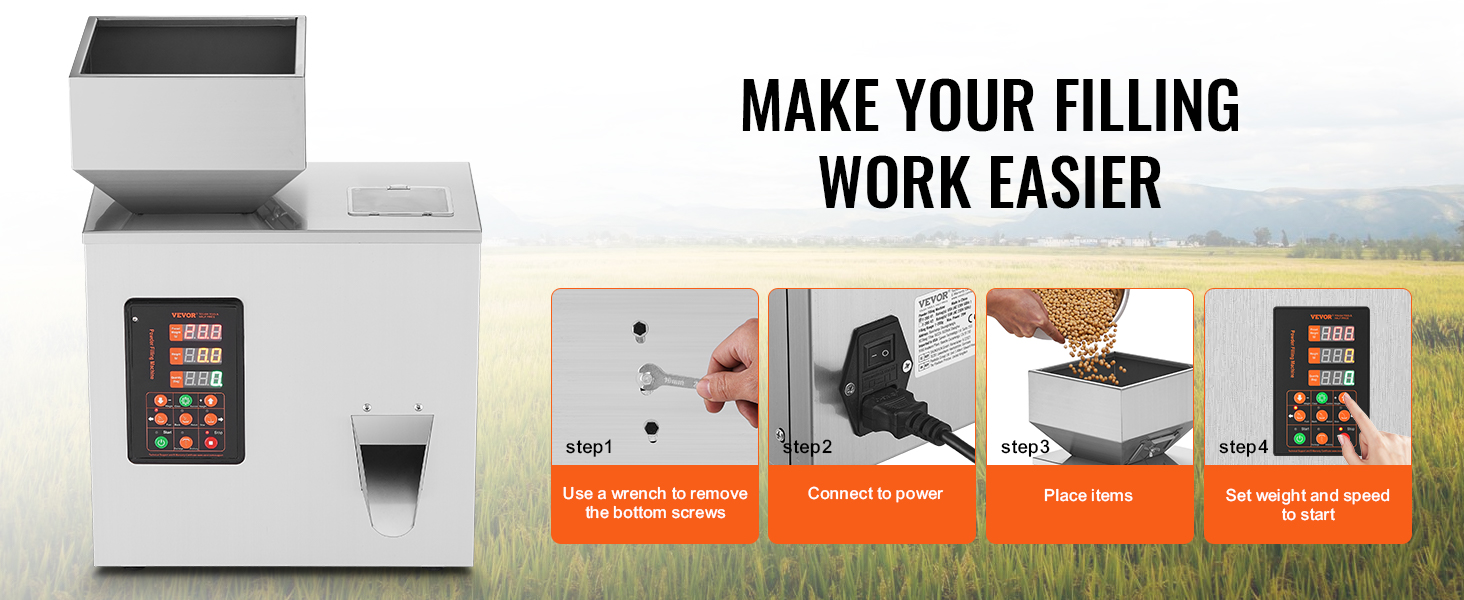 VEVOR powder filling machine with four easy setup steps: remove screws, plug in, place items, set weight.