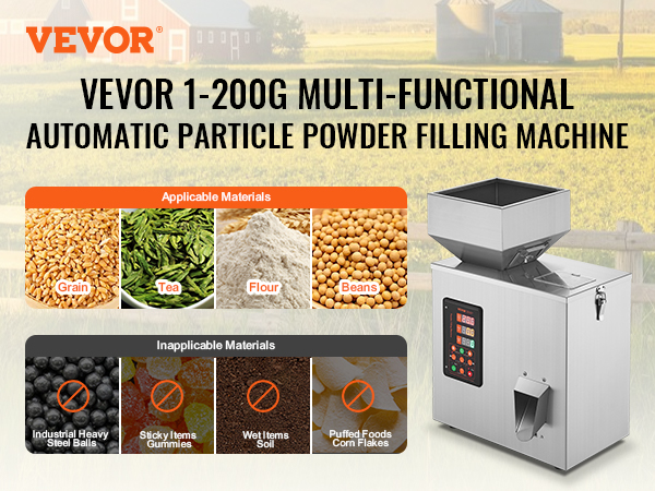 VEVOR powder filling machine for grains, tea, seasoning powder, and legumes. not for steel balls, gummies, soil, or corn flakes.
